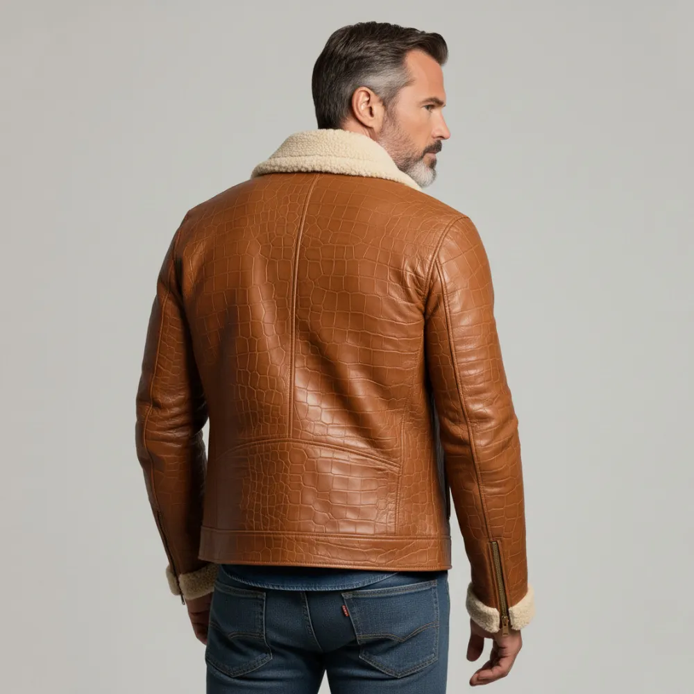 Men's Brown PU Leather Crocodile Pattern Shearling Collar Long Sleeve Zipper Jacket