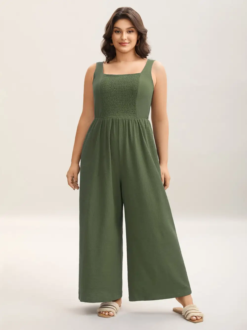 Shirred Pockets Wide-Leg Plain Jumpsuit