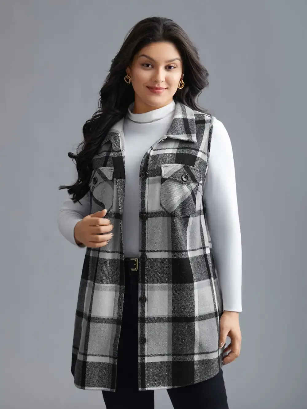 Plaid Flap Detail Sleeveless Jacket