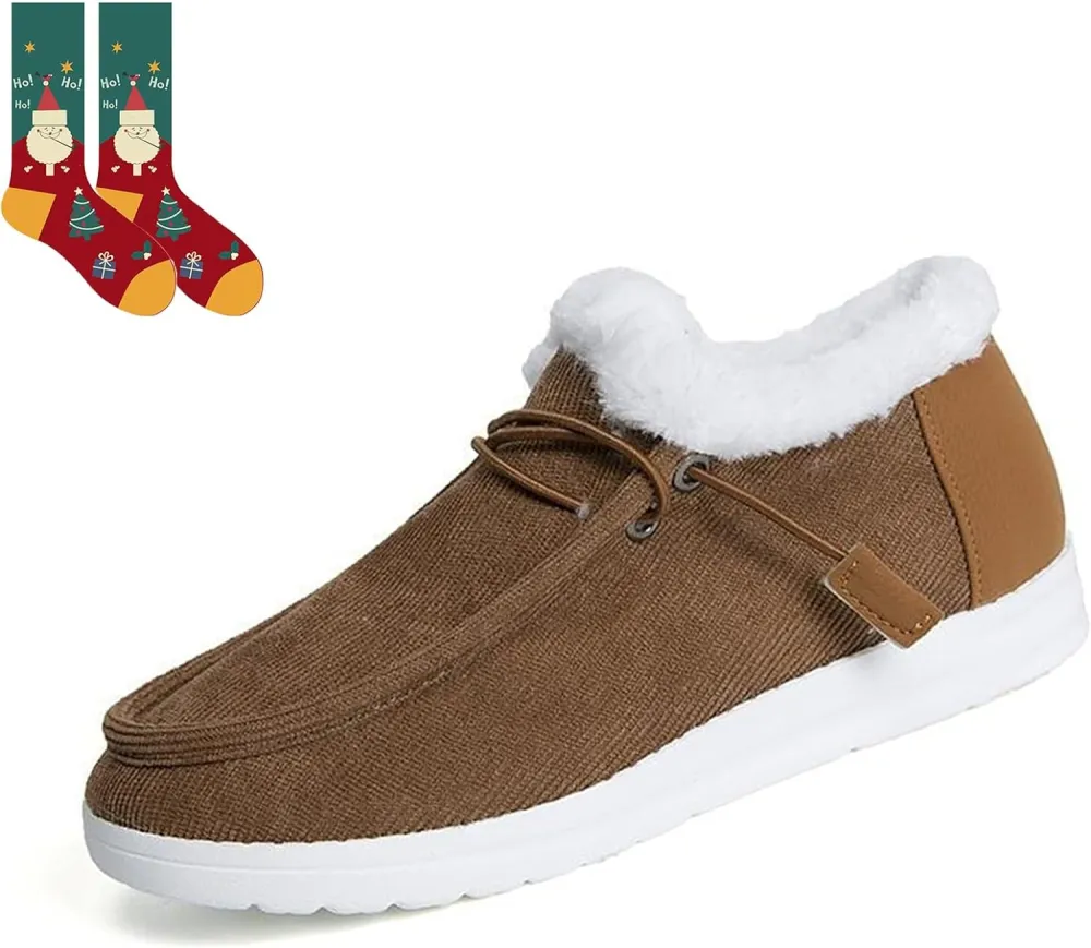 Women's Winter Warm Wendy Shoes Fleece Lined Boat Shoe Slip On Comfort Shoes,Womens Lace Up Loafers Flats Shoes (Come With Christmas socks) (Color : E, Size : EU/CN 42)