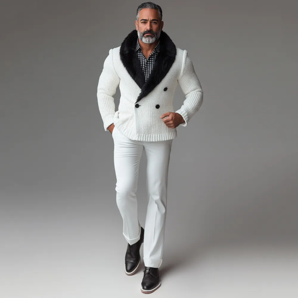 Men's Knit Plush Shawl Lapel Double Breasted Long Sleeve Jacket