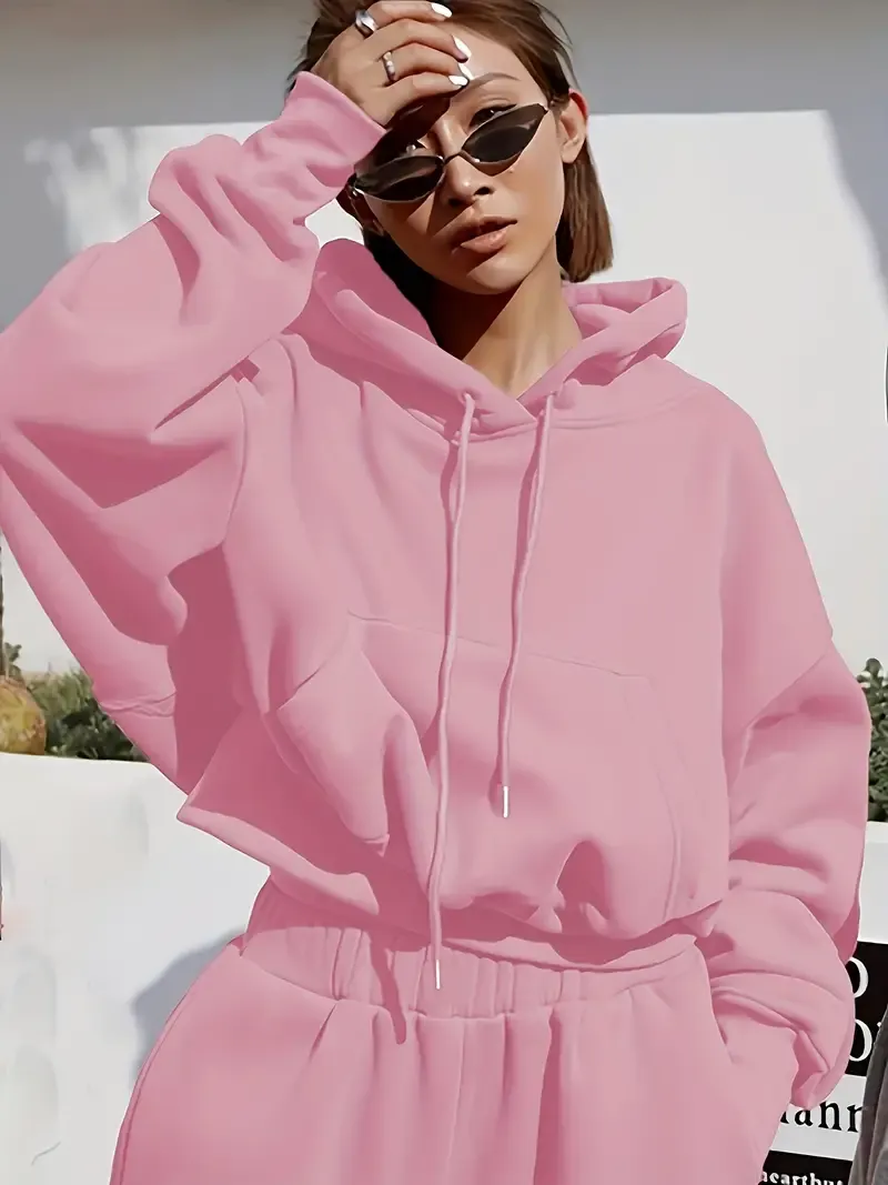 2PCS Oversized Athleisure Set: Solid Hooded Pocket Drawstring Sweatshirts & Sweatpants Sets for Women, Plus Size Comfortable Clothing