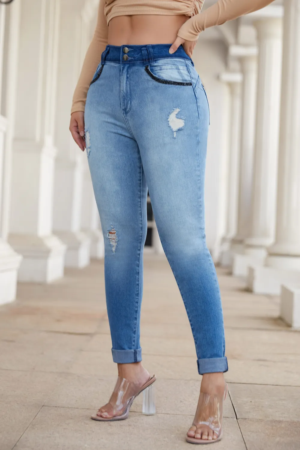Ripped Button Front Roll Up Hem Jeans