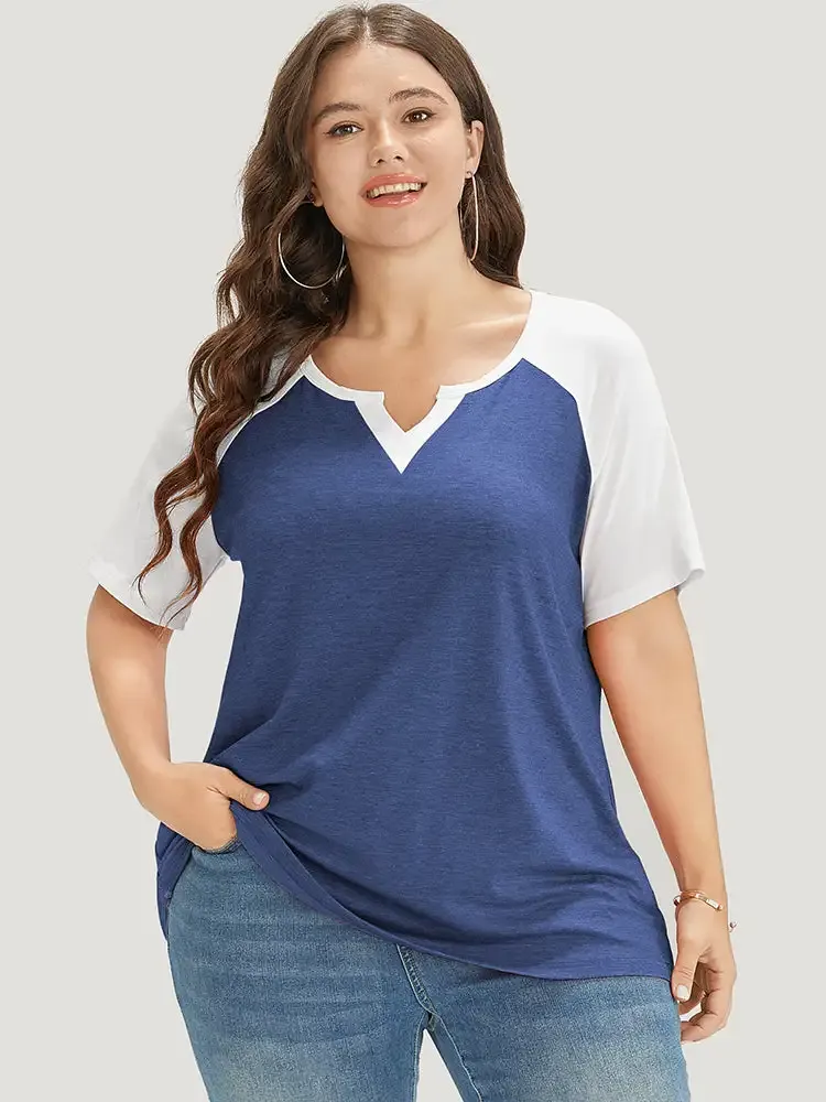 Colorblock Contrast Notched Raglan Sleeve T-shirt