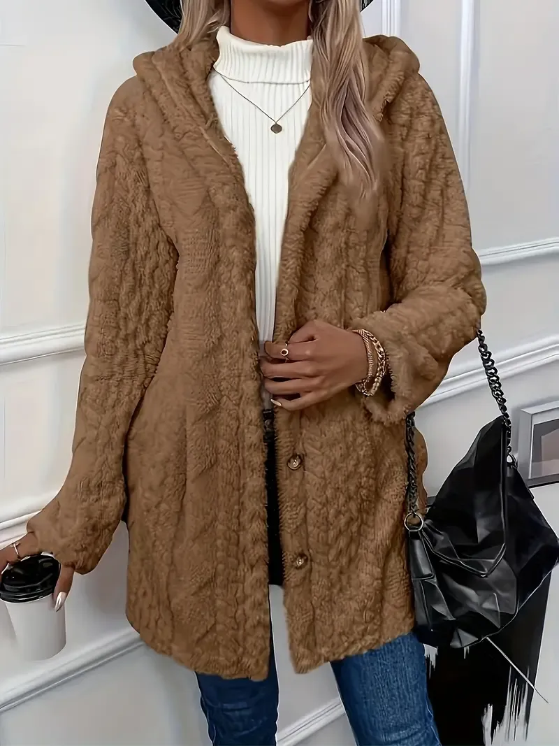 Luxurious Faux Fur Teddy Coat - Elegant Long Sleeve Split Side Hooded Outwear for Women - Soft, Warm, and Chic Winter Clothing