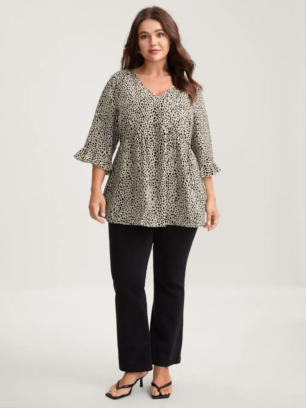 Leopard Print Ruffled Detail V-Neck Blouse