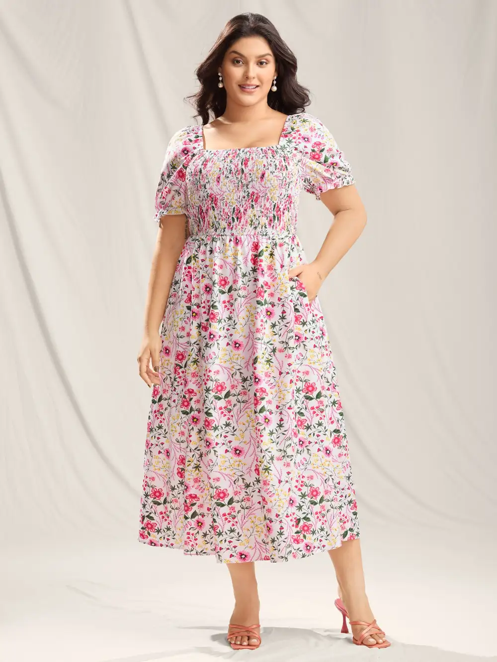Shirred Floral Print Pockets Maxi Dress