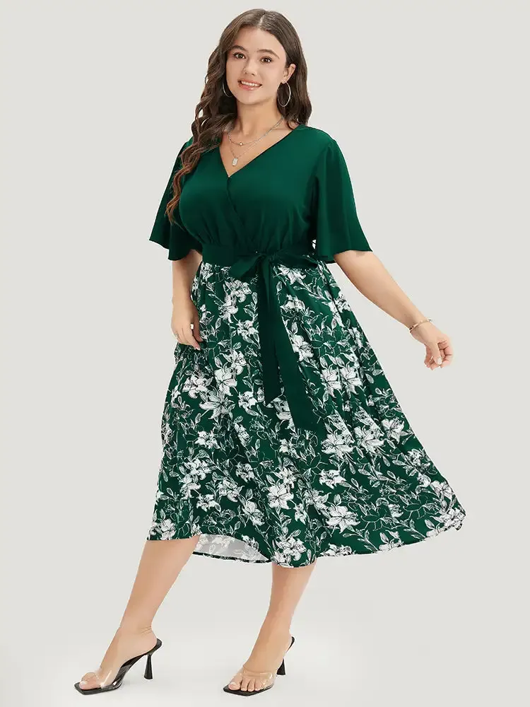 Floral Patchwork Pocket Belt Surplice Neck Ruffle Hem Dress