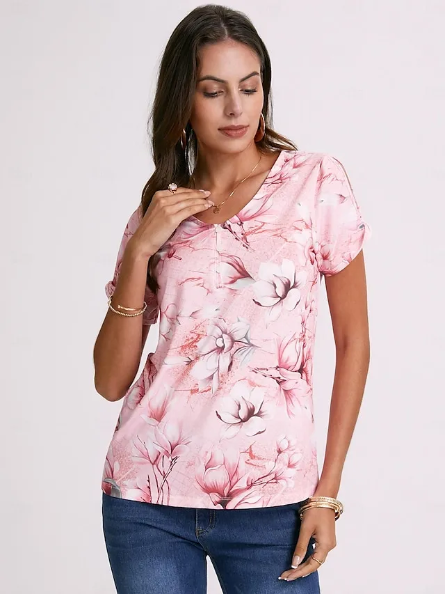 Women's T shirt Tee Henley Shirt Floral Button Cut Out Print Holiday Weekend Basic Short Sleeve V Neck Pink