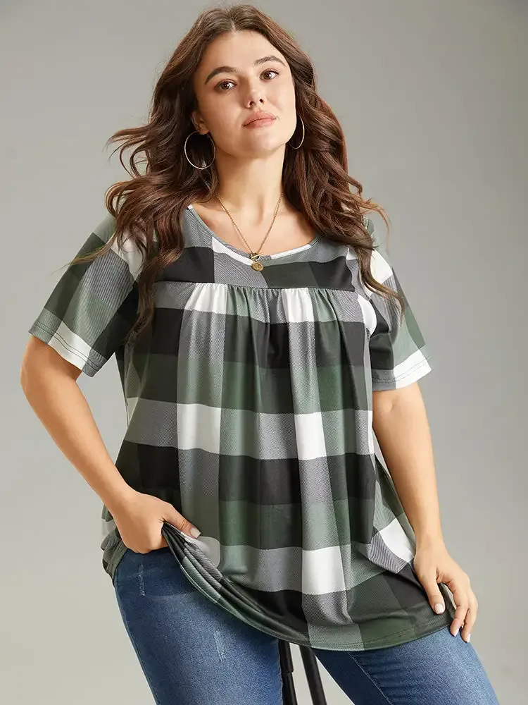 Plaid Round Neck Gathered T-Shirt