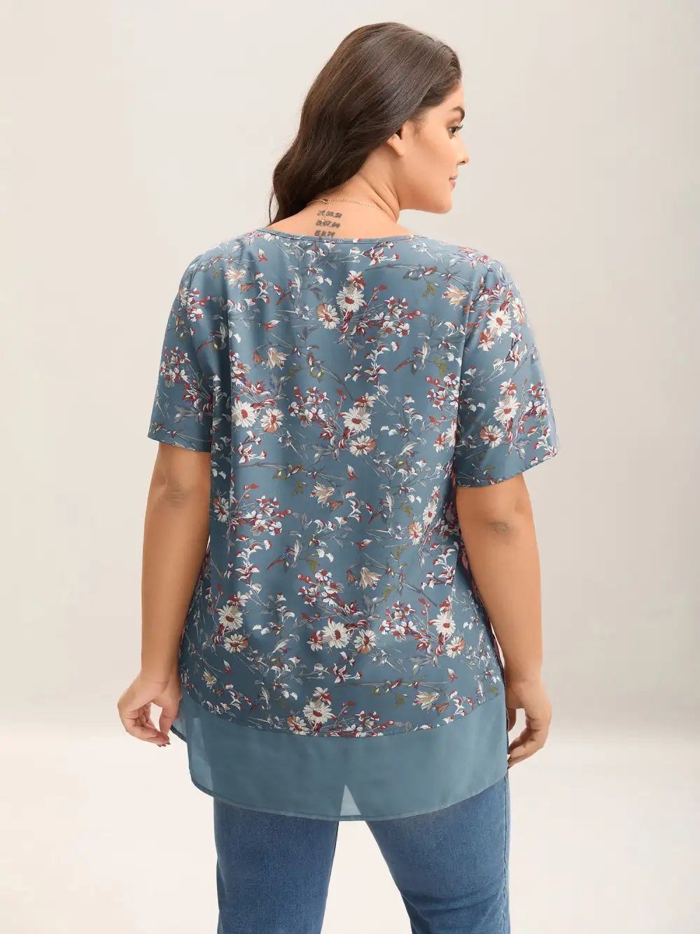 Garden Print Spliced V-Neck Blouse