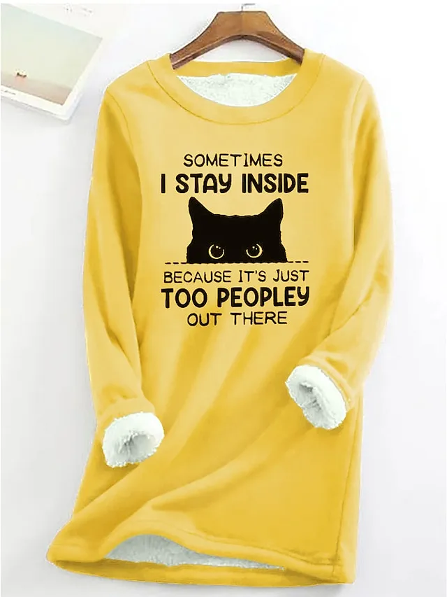 Women's Sweatshirt Pullover Fleece Lined Cat Letter Teddy Fuzzy Black Yellow Pink Street Casual Round Neck Long Sleeve Top Micro-elastic Fall & Winter