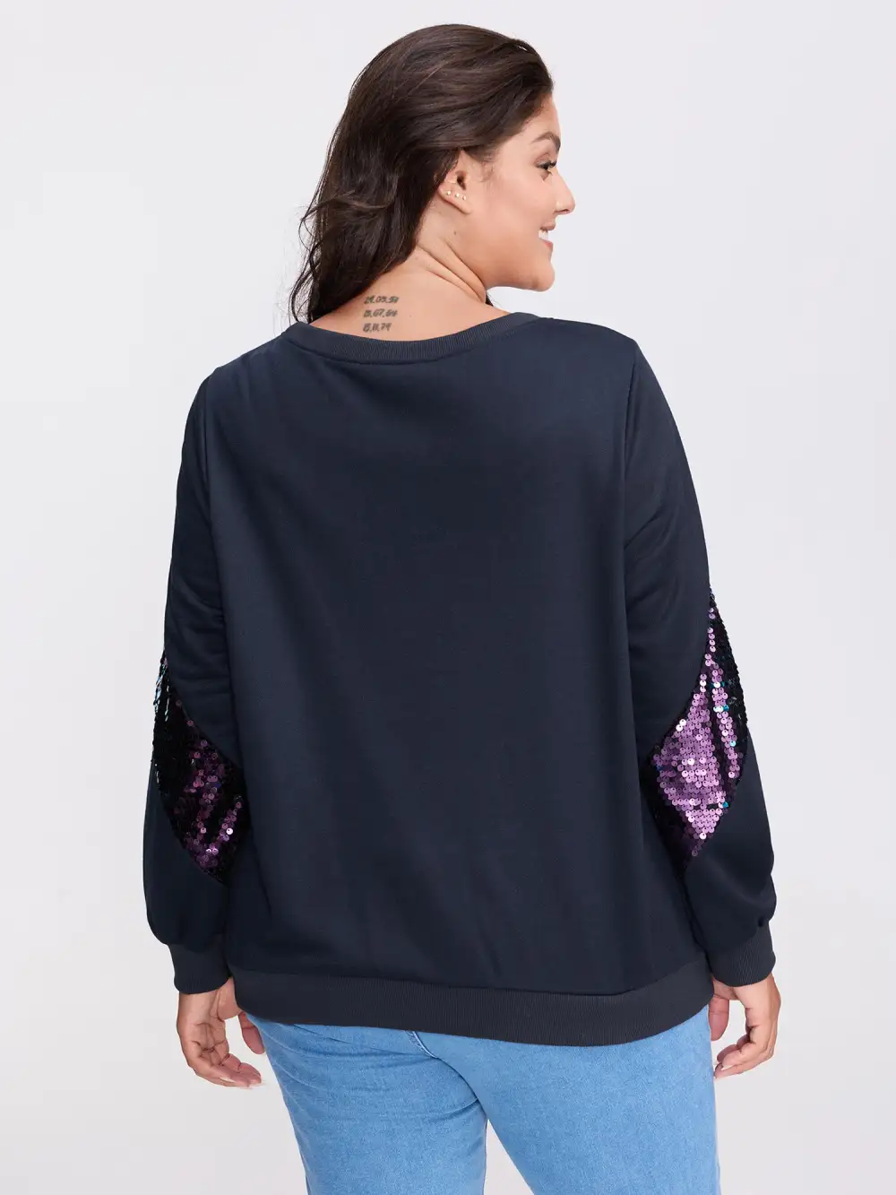 Iridescent Sequin Spliced Round Neck Sweatshirt