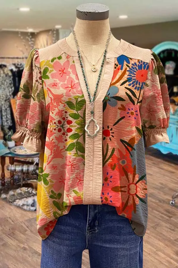Multi Floral Print Ruffle Sleeve V-Neck Top