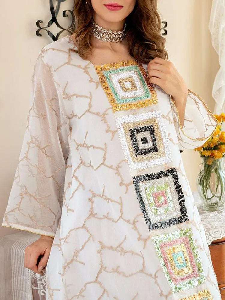 Printed Bead Embroidery Flare Sleeves Long Dress