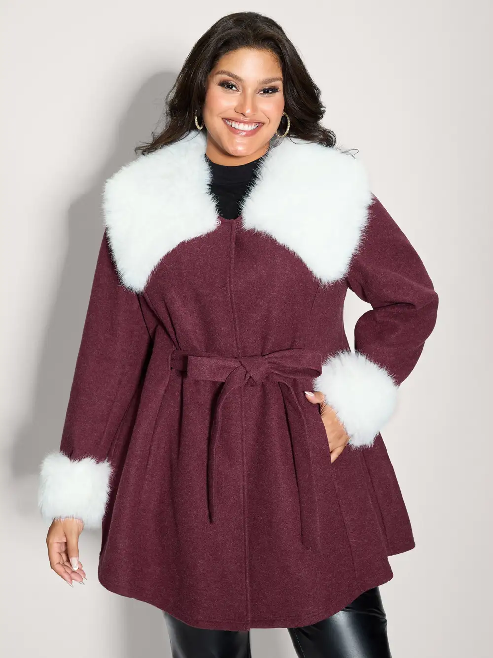 Detachable Fur Collar Waist-Tie Jacket