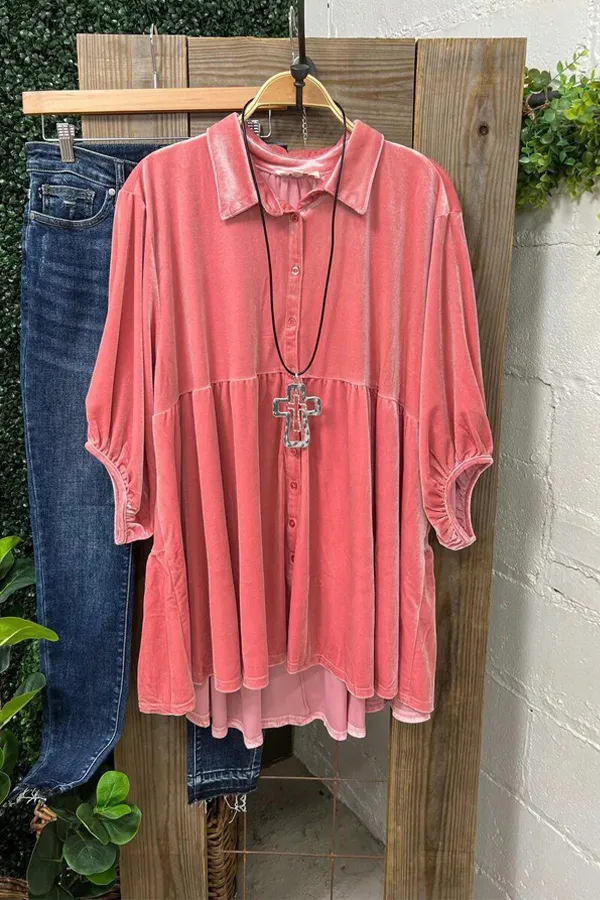 Vintage Velvet Half Sleeve Pleated Top