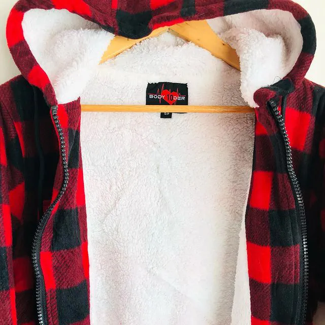 Check Striped Textured Lamb Velvet Hooded Jacket