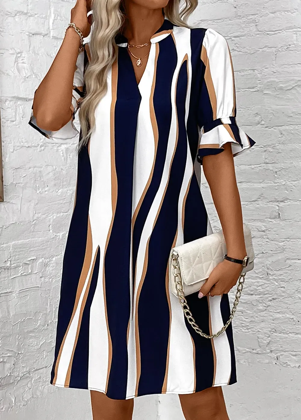 Navy Patchwork Striped Half Sleeve Split Neck Dress