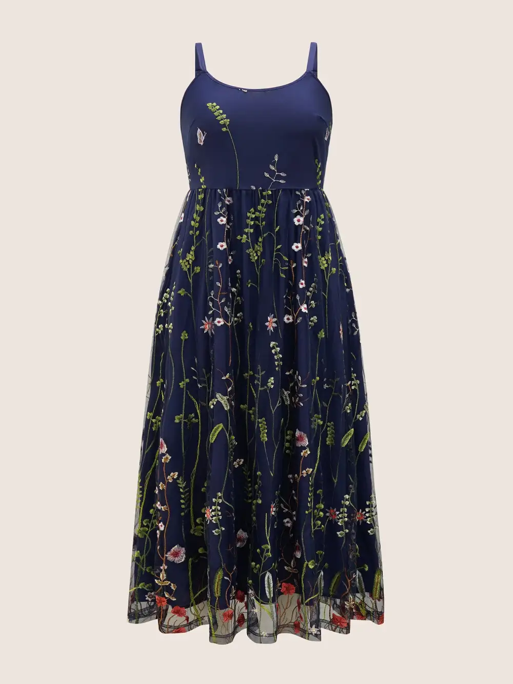 U Neck Floral Embroidered Mesh Cami Dress