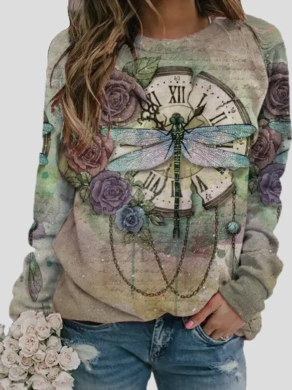 Women's T-Shirts Retro Dragonfly Print Round Neck Long Sleeve T-Shirt（⚡Clearance Sale）