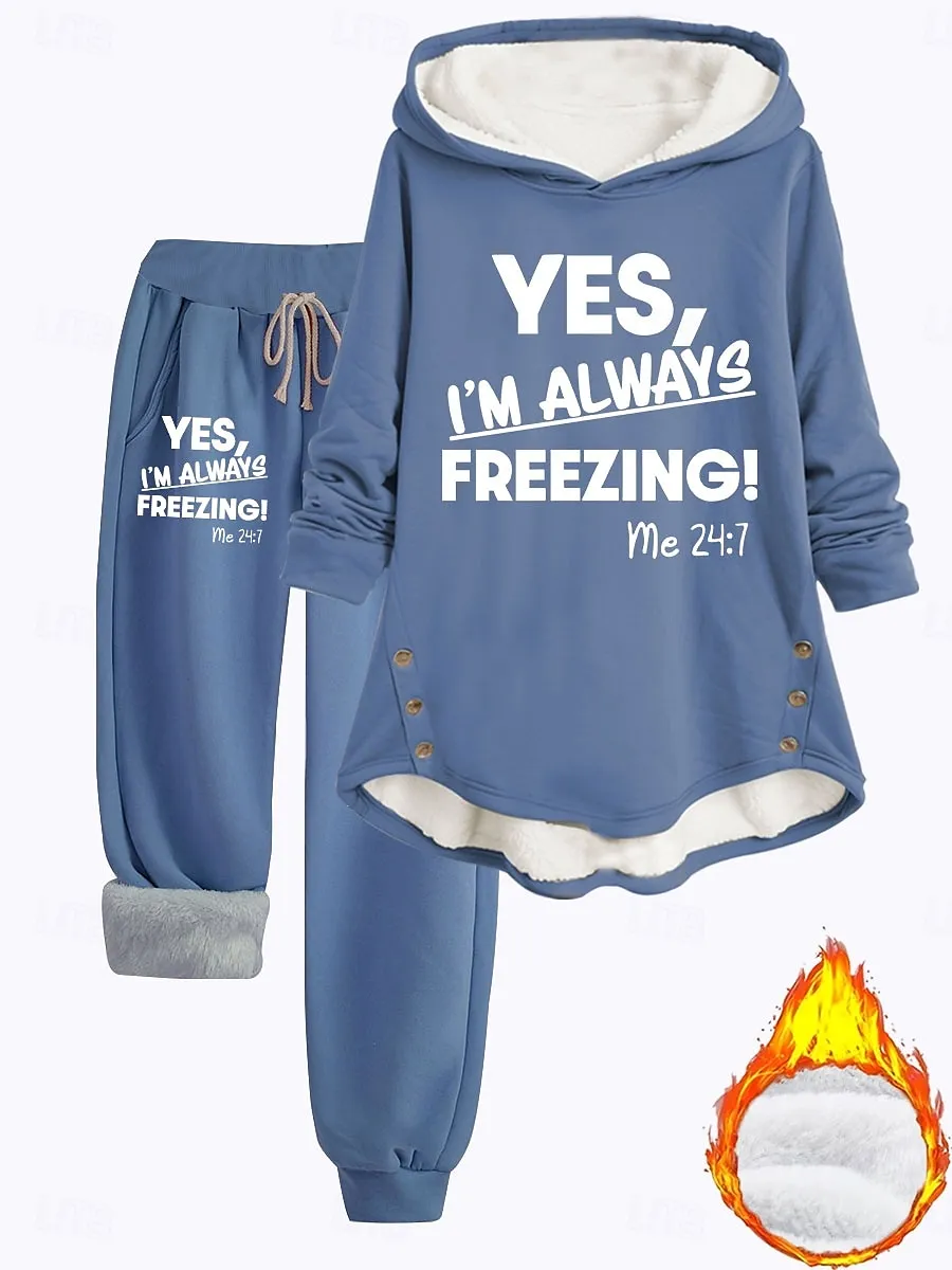 Women's 2 Pieces Loungewear Set Hoodie and Joggers Casual Cold Weather Phrase Print with Fleece Lining Cozy Fit Winter