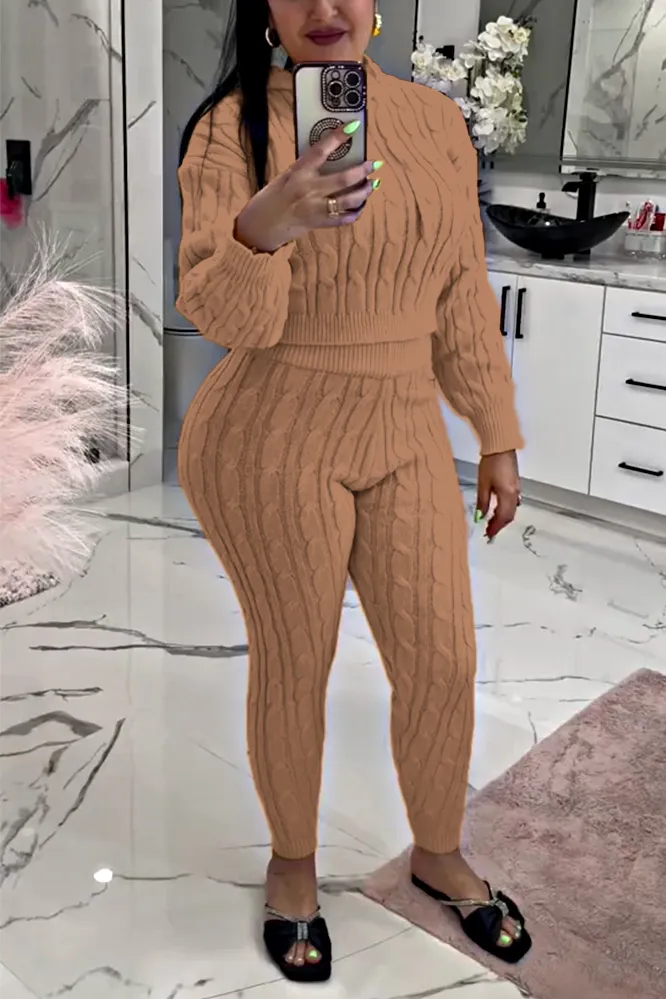 Women's Solid Knitted Texture Top and Pants Two Piece Set