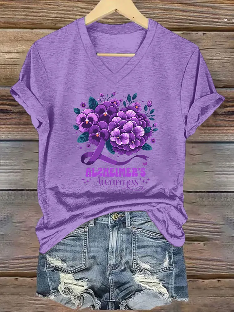 Women's Alzheimer's Print Casual V-Neck T-Shirt