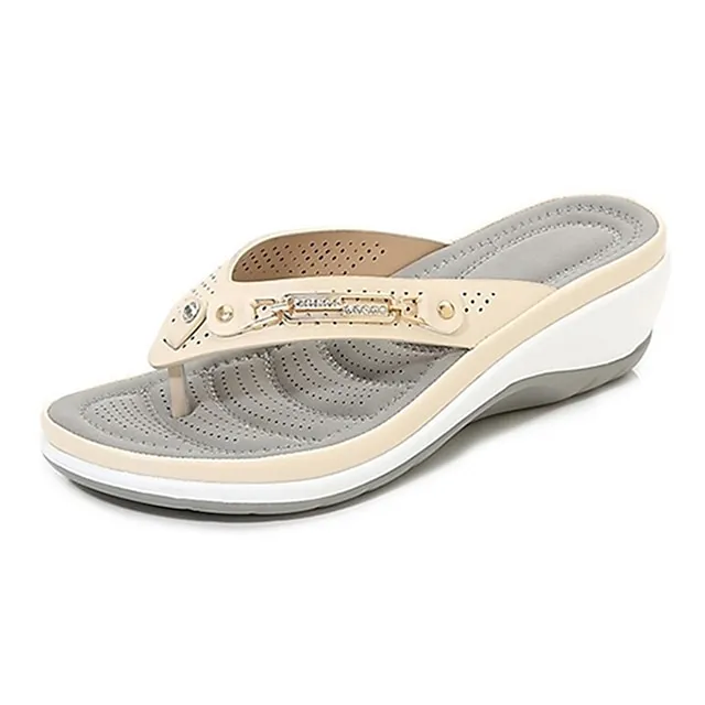 Women's Slippers Flip-Flops Outdoor Slippers Beach Slippers Daily Beach Color Block Summer Rhinestone Wedge Heel Round Toe Basic Casual Minimalism Faux Leather Loafer Almond Black White