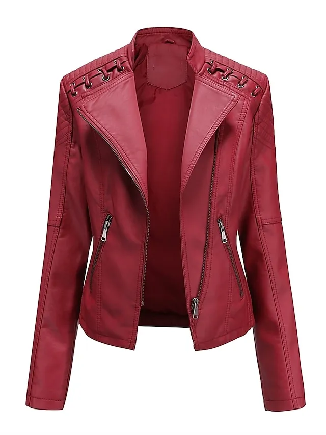 Women's  Faux Leather Jacket Moto Biker Jacket Fall Waterproof Windproof Coat Winter Zipper Lapel Modern Outerwear Long Sleeve Causal Vacation