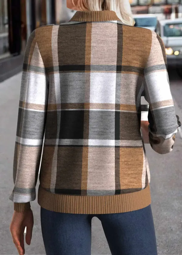 Dark Coffee Zipper Plaid Long Sleeve Stand Collar Jacket