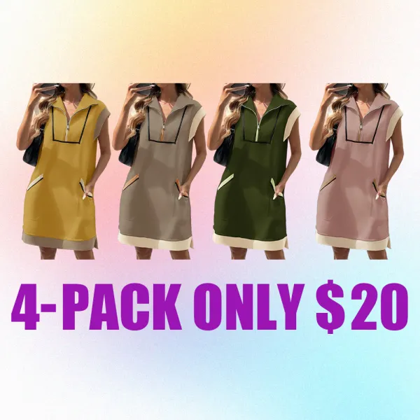 Women's Summer Sleeveless Mini Dress Casual Half Zip Cap Sleeve Contrast Loose Sweatshirt Dresses