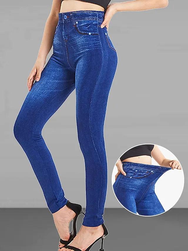 Women's Slim Leggings Cropped Pants Faux Denim Plain Pocket High Cut Ankle-Length High Elasticity High Waist Fashion Streetwear Street Causal Blue S M Summer Fall