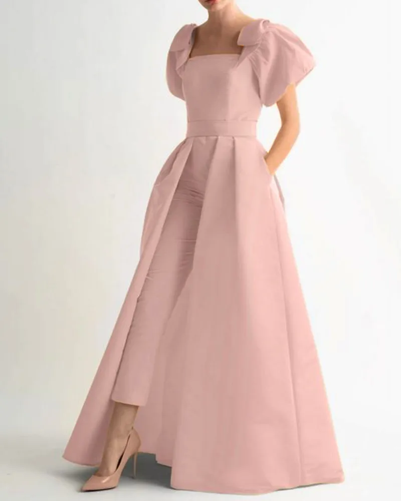 Large skirt satin brocade jumpsuit with bow