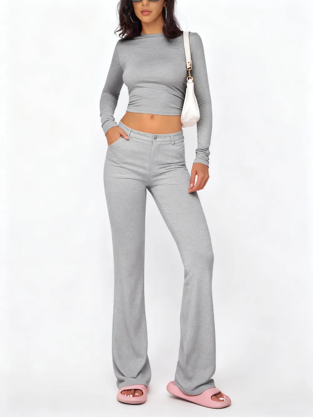 Women's Summer 2-Piece Set: Long-Sleeve Crop Tee + Fold-Over Waist Flare Leg Pants (Casual Elegant)