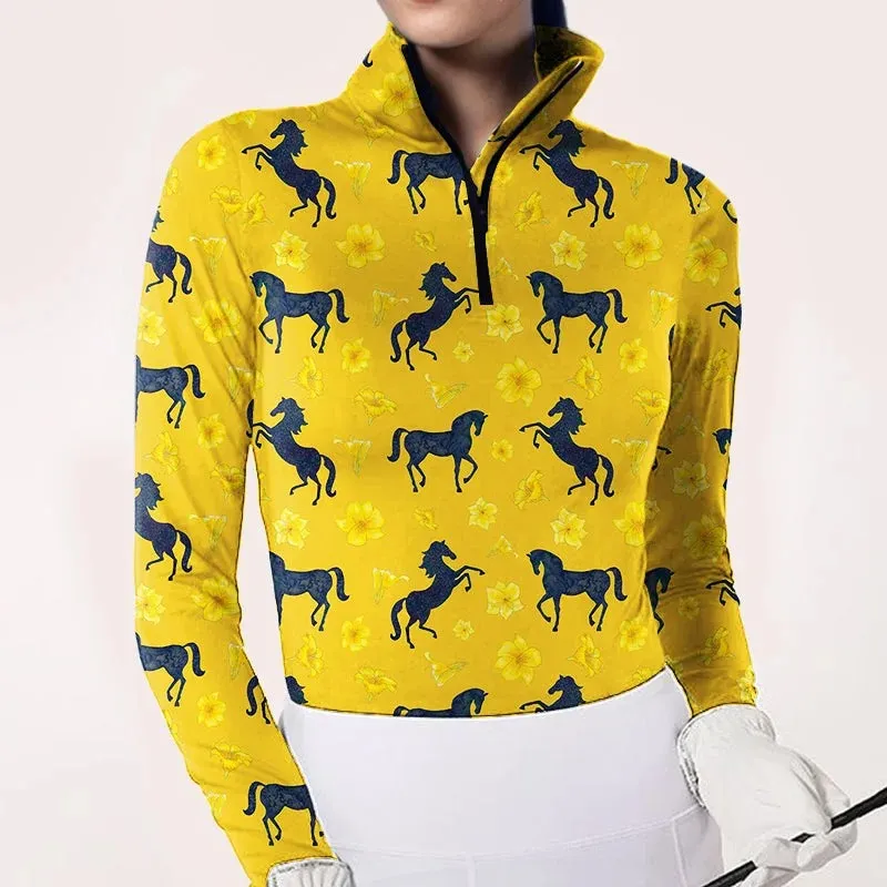 Women's Yellow Equestrian Print Long Sleeve Shirt
