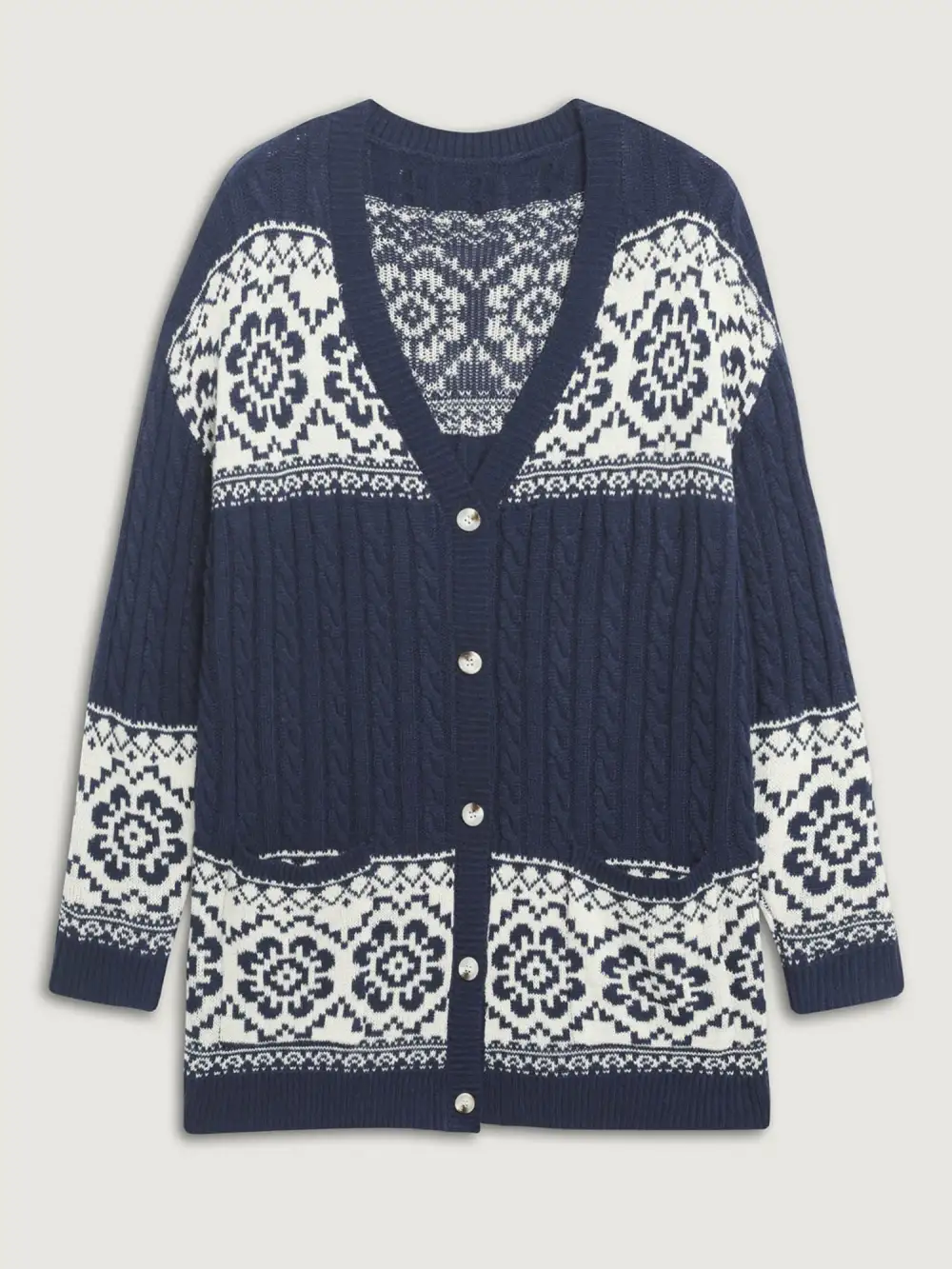 Cable Knit Floral Jacquard Pockets Knit Cardigan