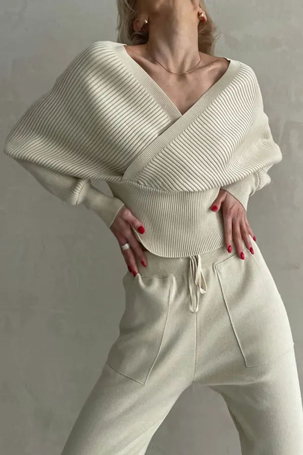 Dolman Sleeves Off Shoulder Ribbed Knit Sweater Pants Suits