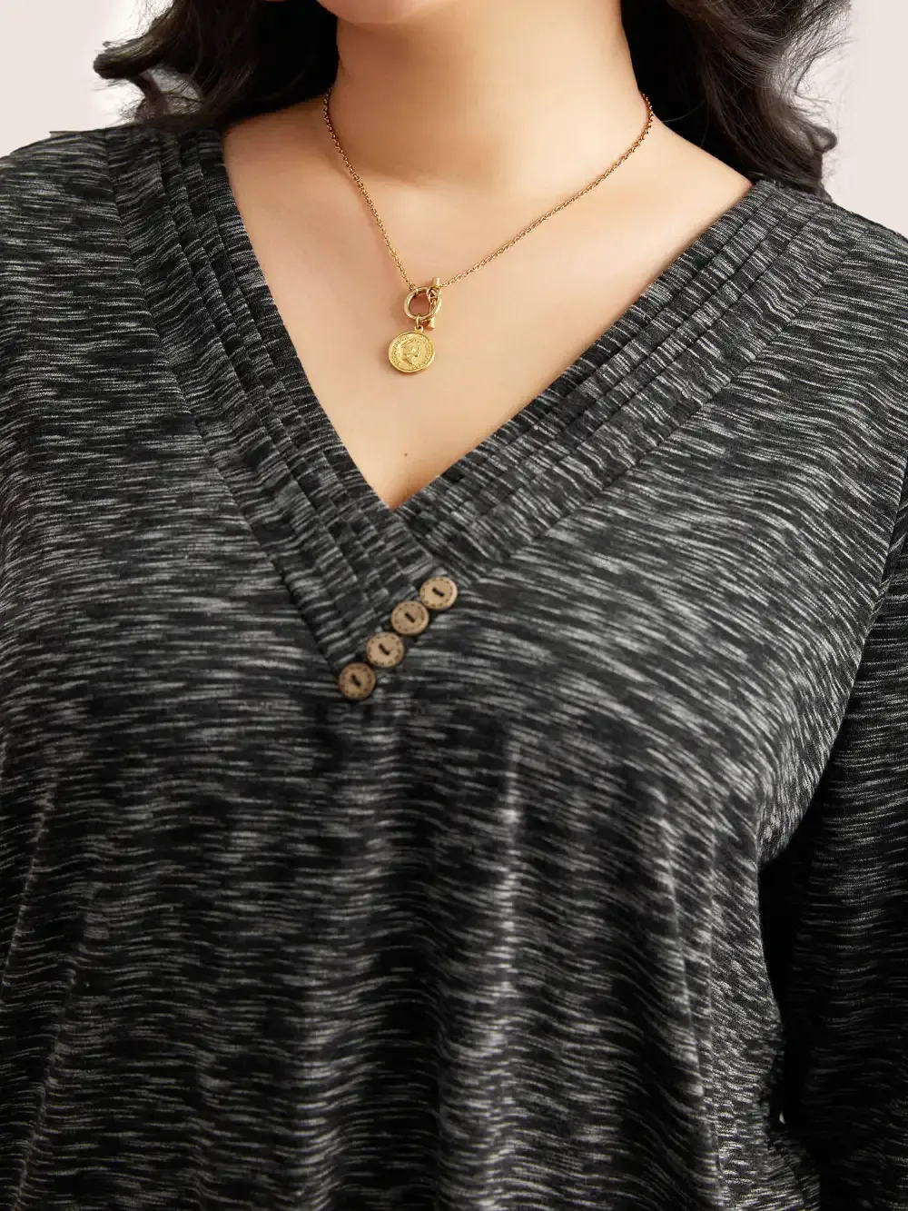 Heather Pleated Button Detail T-Shirt