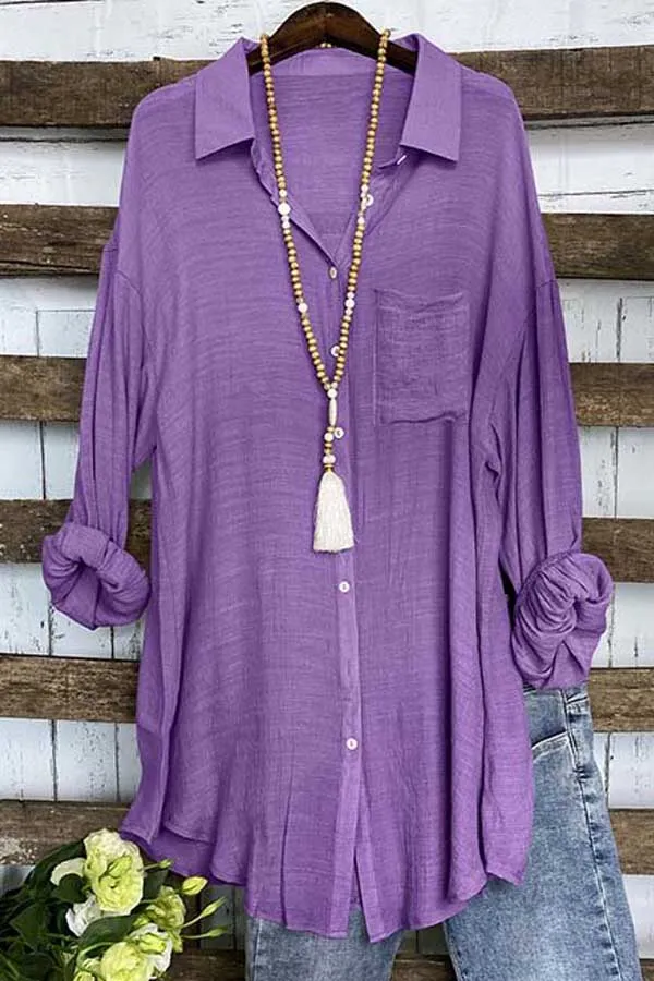 Solid Button Up Linen Tunic Top
