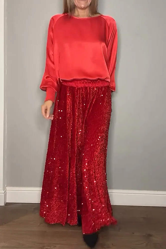 Women's fashion satin top and sequined skirt two-piece set