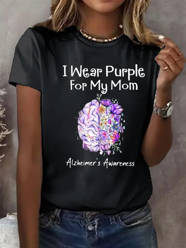 Women'S I Wear Purple For My Mom Alzheimer'S Awareness Support Round Collar Tee