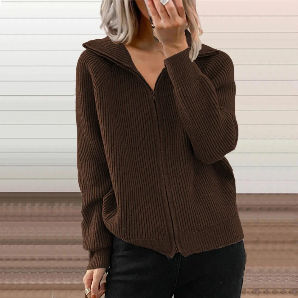 Fashionable Solid Color Loose Knit With Zipper Lapel Sweater