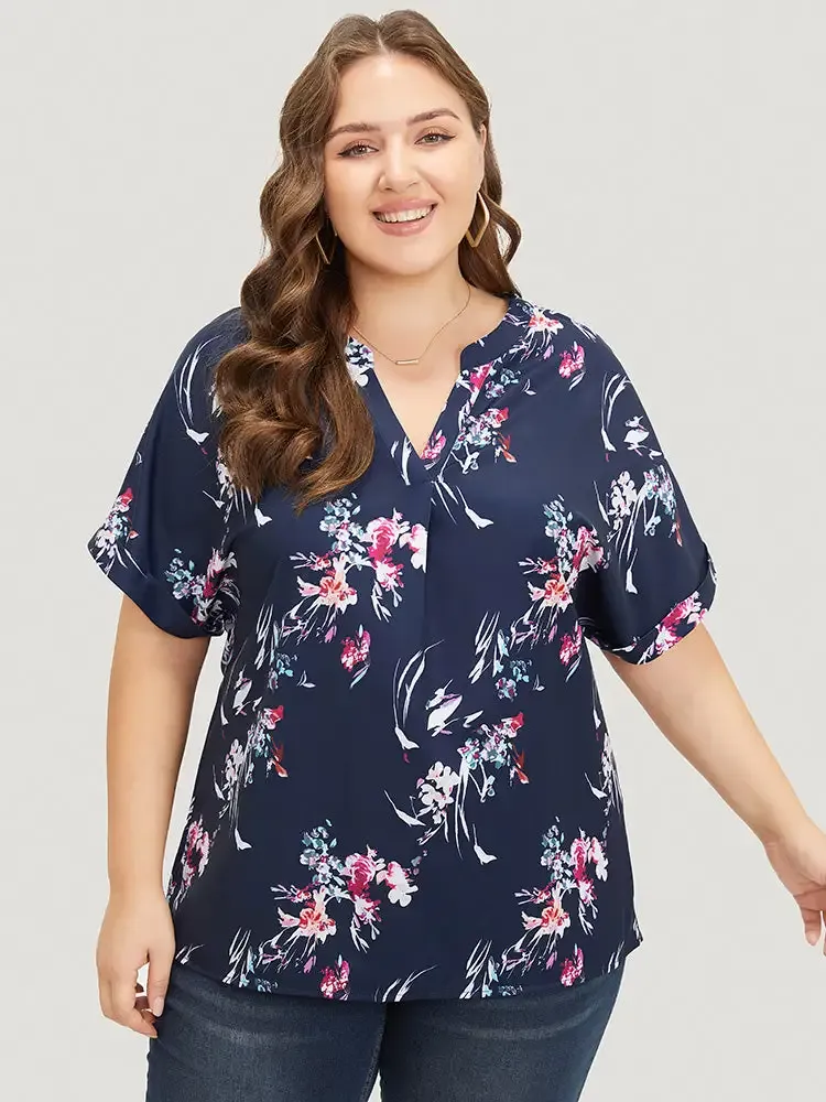 Floral Roll Batwing Sleeve Notched Neck Blouse