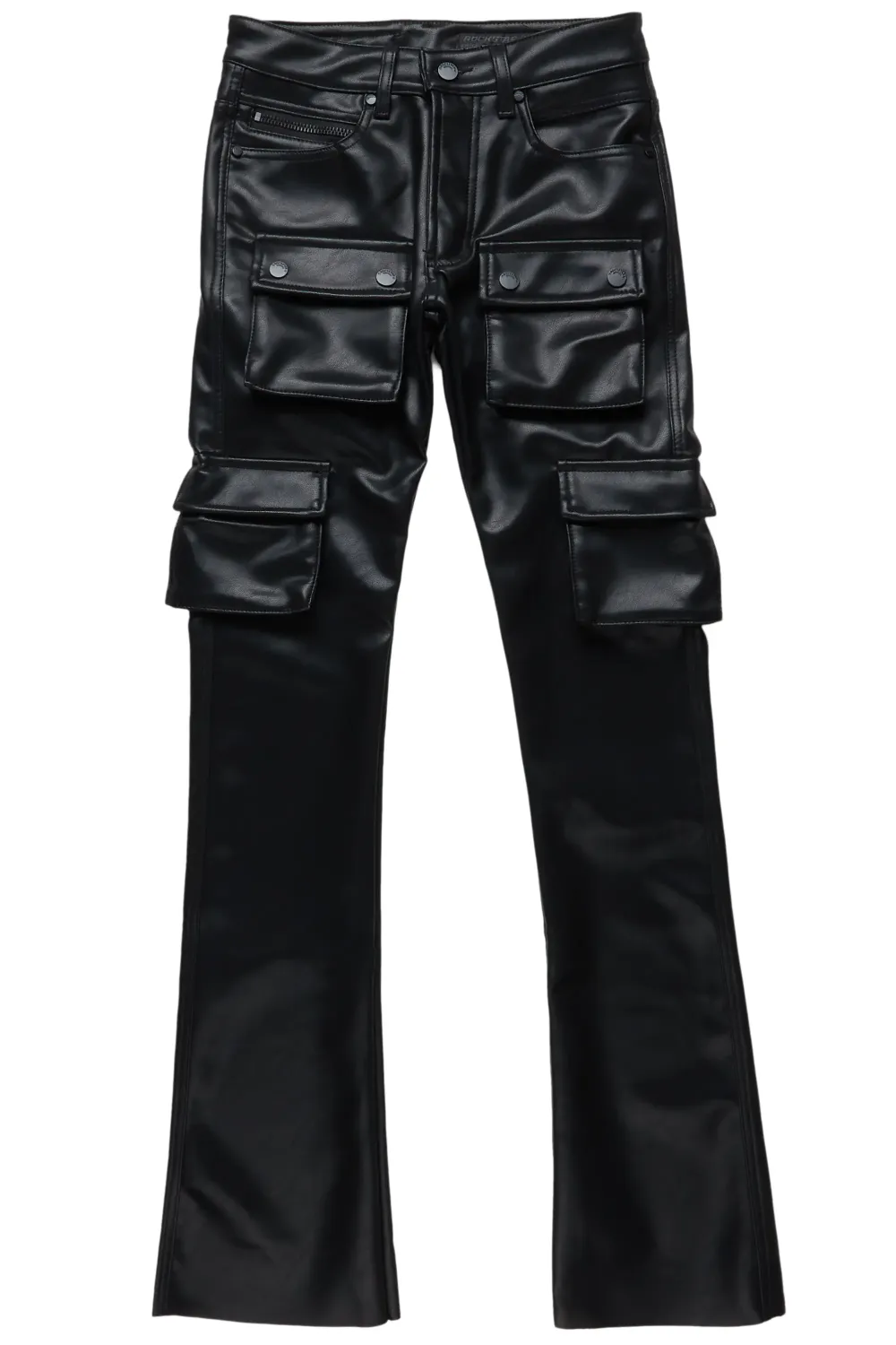 Khaza Black Faux Leather Stacked Flare Jean