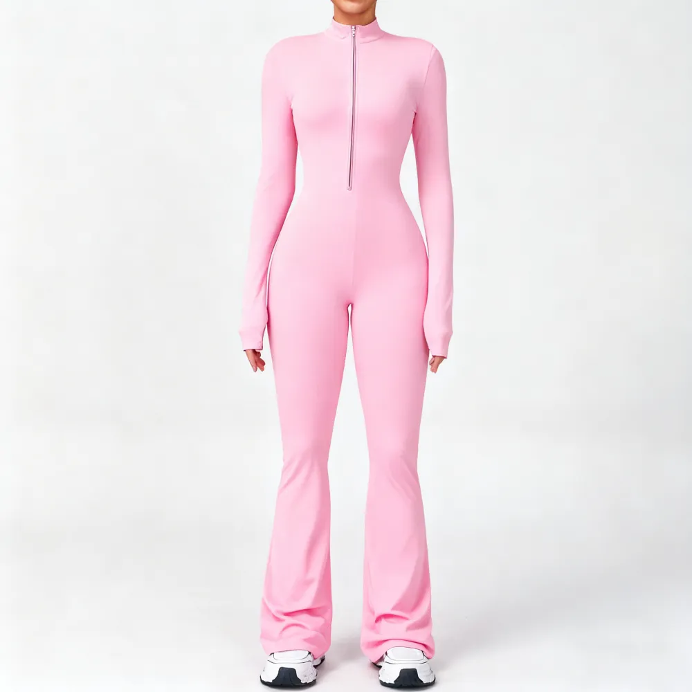 Women's Long Sleeve Flared Jumpsuit – Zipper Wide Leg Activewear for Gym & Casual Wear