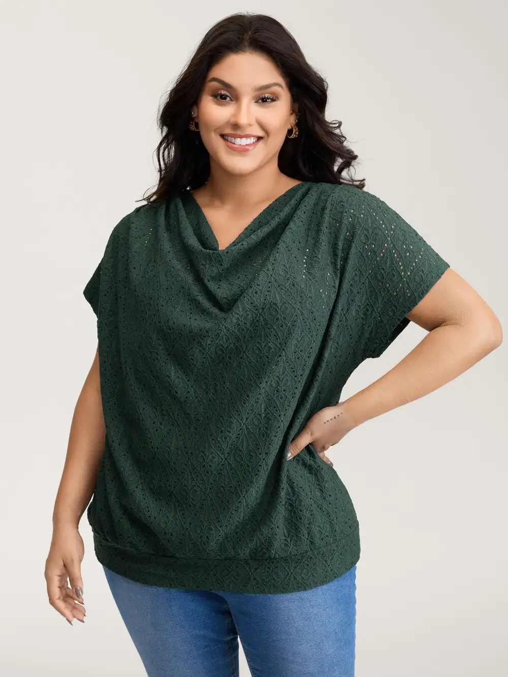 Draped Neckline Textured Button Back Blouse