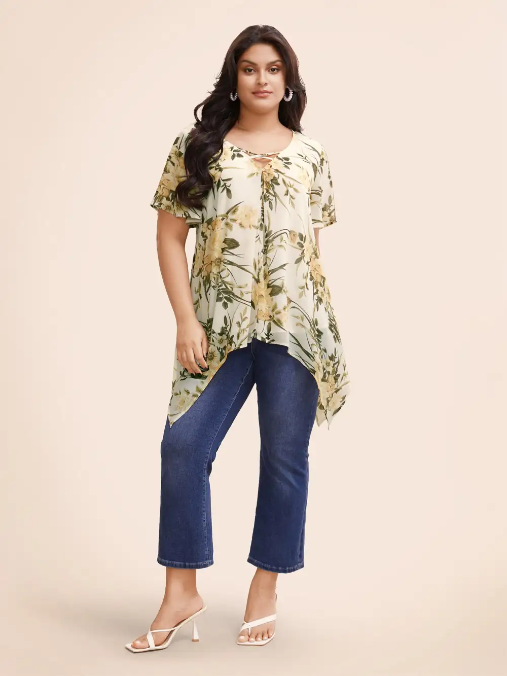 Chiffon Floral Crisscross Hanky Hem Blouse