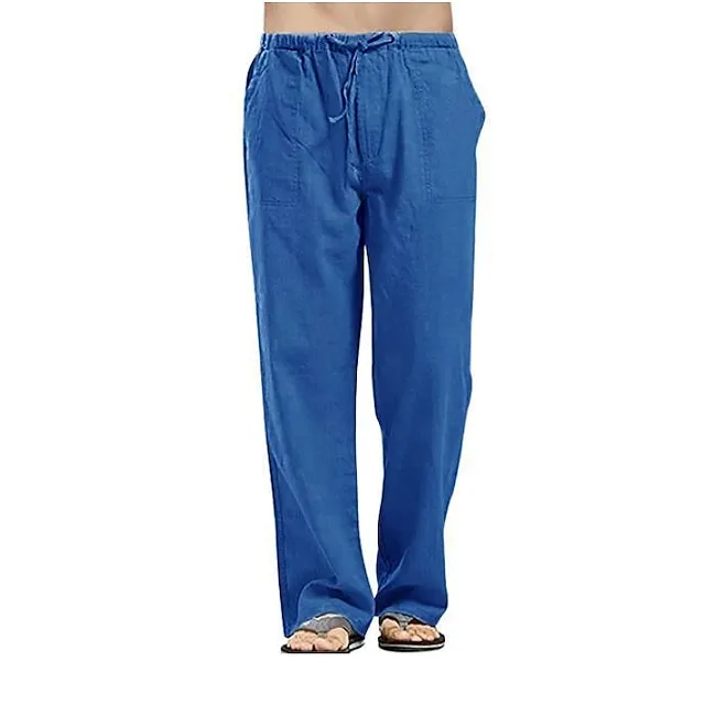 Men's Linen Pants Trousers Summer Pants Beach Pants Pocket Drawstring Elastic Waistband Plain Comfort Breathable Full Length Daily Streetwear Linen / Cotton Blend Fashion Casual / Sporty Loose Fit