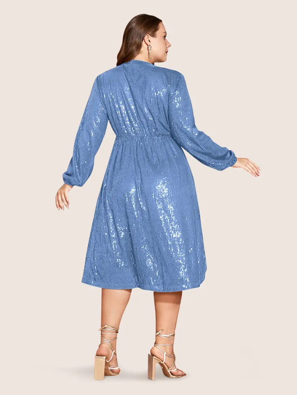 Solid Pocket Lantern Sleeve Wrap Sequin Dress